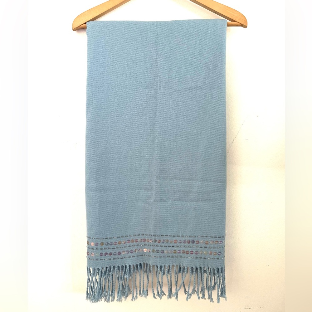 Wool Blend Light Blue Fringed Scarf w/ Sequin and Beading Pretty | Unbranded